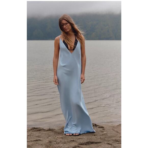 blue flowy beach dress Flowy Chiffon Rustic Beach Wedding Dress With Train SW578